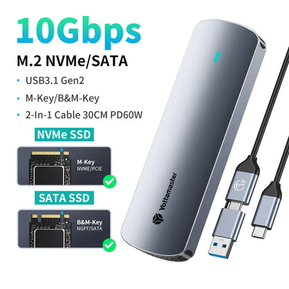 Yottamaster SATA M.2 NVMe SSD Enclosure Dual Portocol NVMe to USB Adapter USB 3.1 Gen2 USB C External Case Box Aluminum alloy