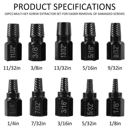 10Pcs Screw Extractor Kit Alloy Steel Damaged Screw Remover  Metal Drill Bits Broken Bolt Stud Remover Hand Tools Set