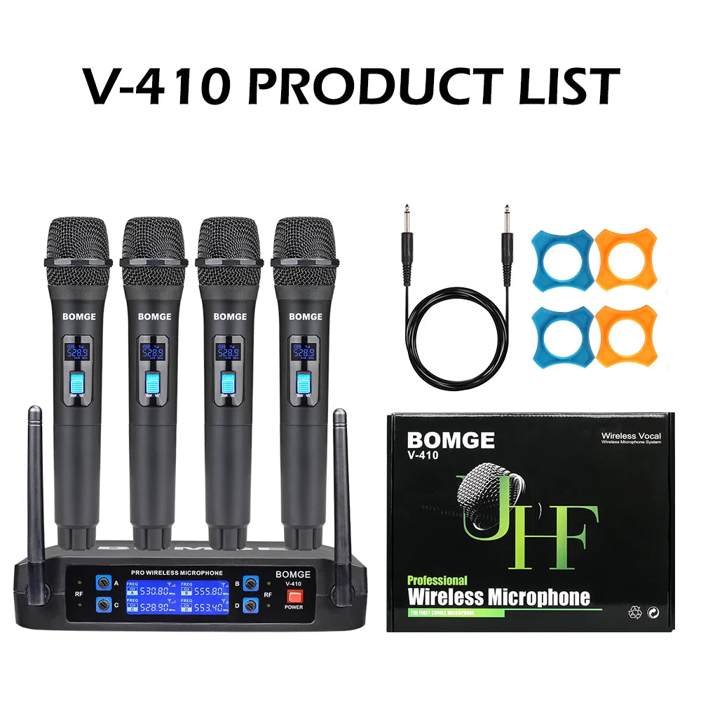 BOMGE 4 channel wireless microphone System Cordless Mic Set With Four Handheld Mics Fixed Frequency, Long Range 200ft