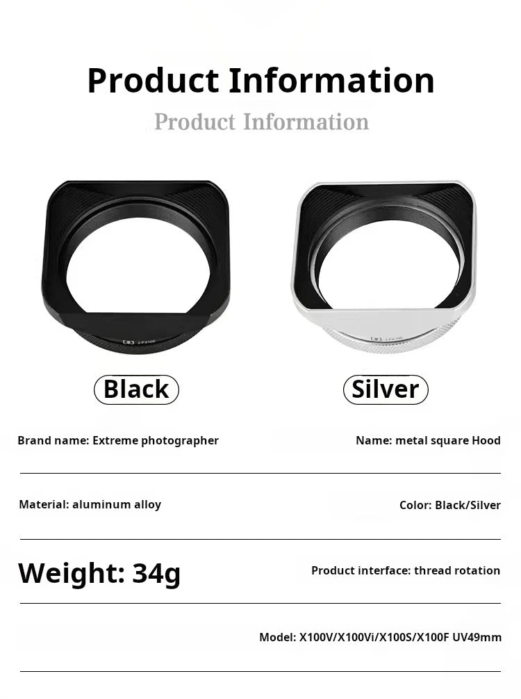 Square X100VI Shading Hood Compatible With Fujifilm X70 X100S X100T X100 X100F X100V Lens Filter Adapter Ring Metal Mount