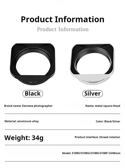 Square X100VI Shading Hood Compatible With Fujifilm X70 X100S X100T X100 X100F X100V Lens Filter Adapter Ring Metal Mount