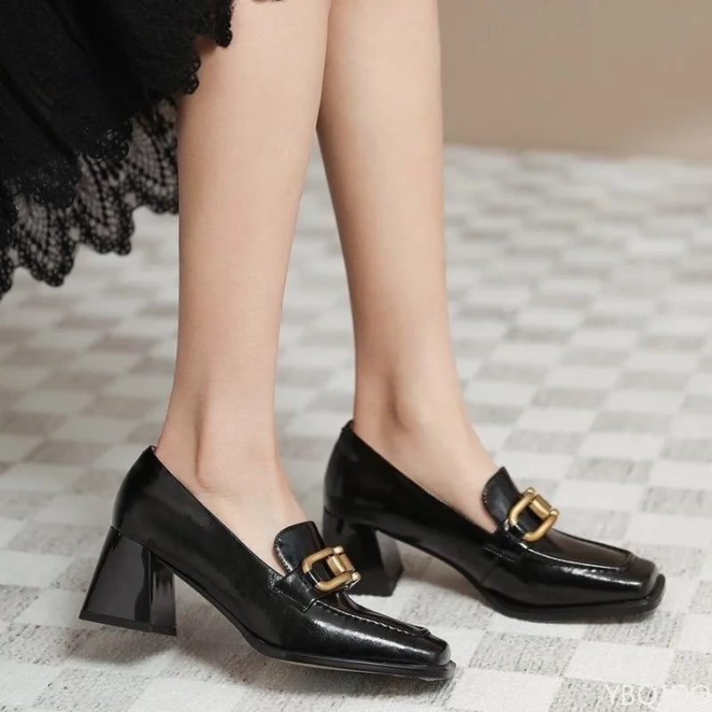2026 Spring Autumn Fashion New Style Wide Head High Heels Shallow Mouth Women's Single Shoes Coarse Heels Hooded Women's Shoes