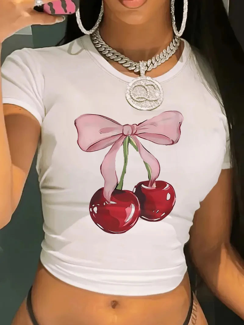 90s Chic Cropped Fashion Cherry Print Crew Neck T-shirt Y2K Short Sleeve Tight Fit Crop Top Spring Summer Women's Clothing