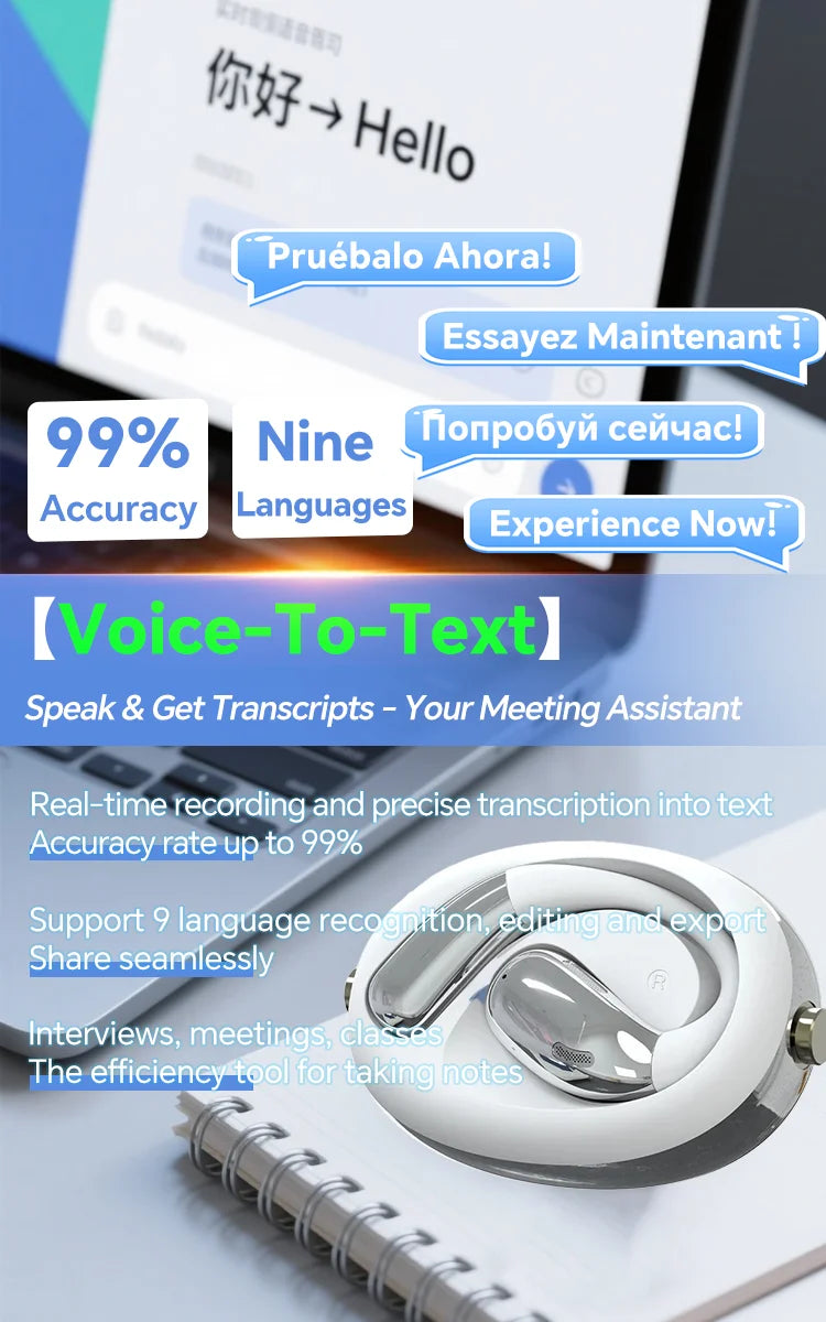 A60 Business Translator Earbuds Real-Time 164 Languages AI Headset Bluetooth 6.0 Wireless for Meetings HD Call
