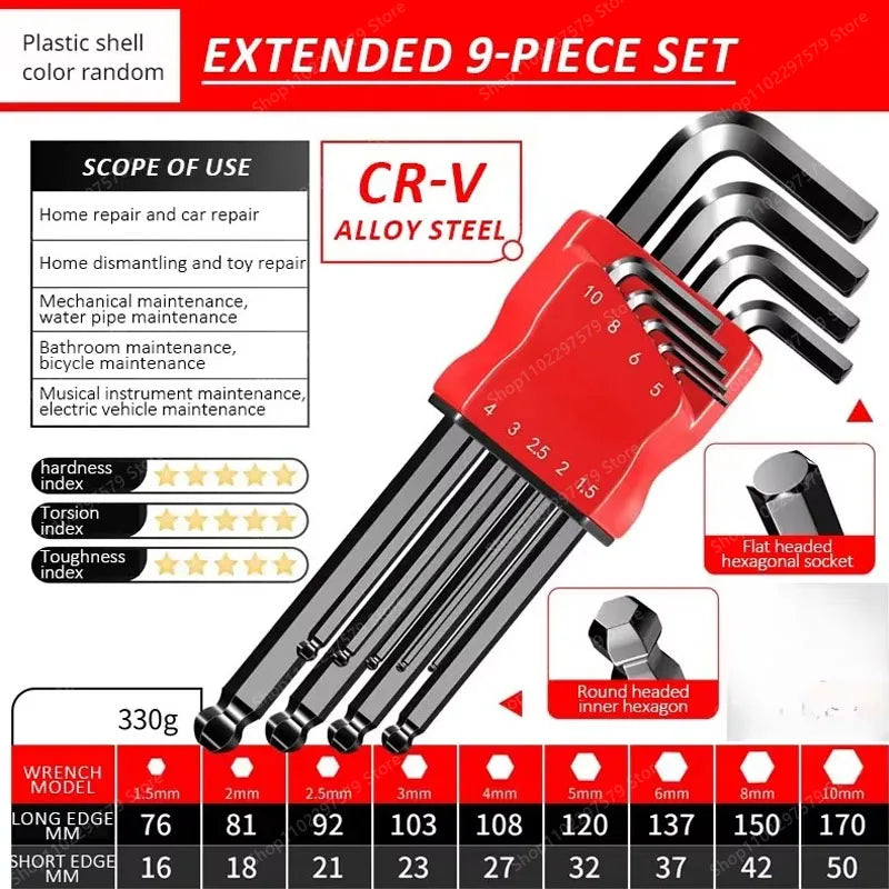 Universal Torque Length Metric Double Head Allen Wrench Set with Socket for Motorcycle Bikes Home Assembly and Disassembly Tools