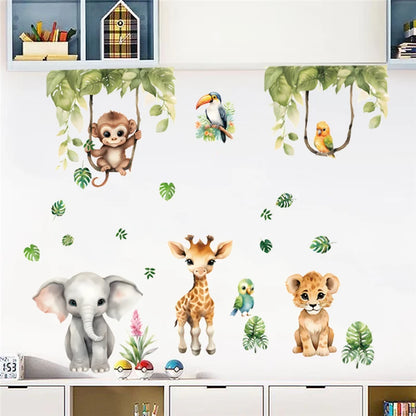 Funny Animals Party Wall Sticker For Kids Bedroom Decoration Forest Safari Monkey Elephant Mural Art Diy Home Decals Pvc Posters