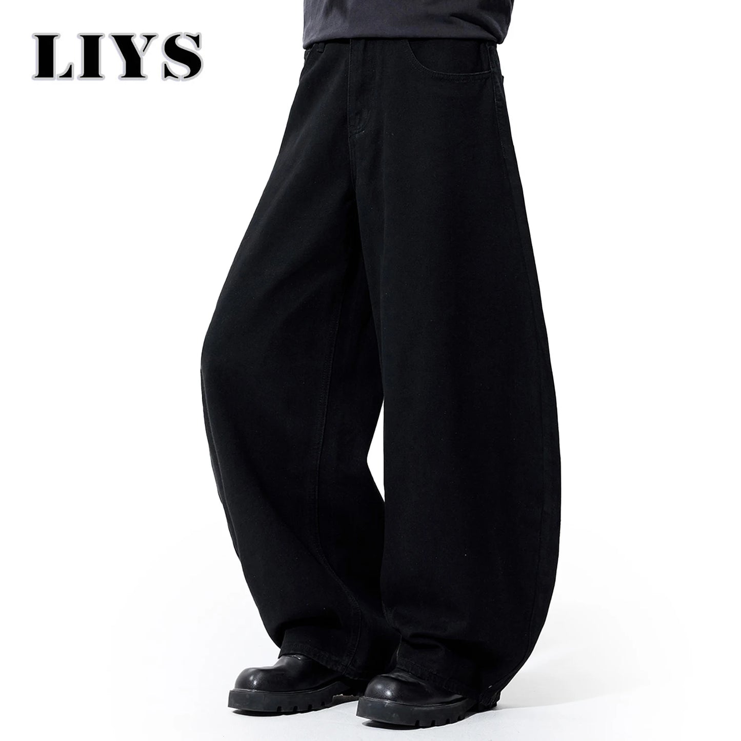 Liys Men's Black Ultra Wide Leg Jeans Baggy Fitting Denim Pants Man Solid Streetwear Daily Casual Fashion Lantern Balloon Jeans