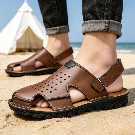 Men's Summer Slip-On Breathable Anti-Slip Outdoor Two-Way Sandals Soft Bottom Driving Hole Hole Casual Loafers-D39