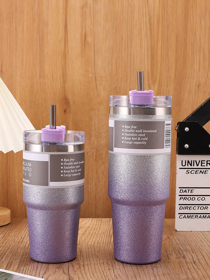Gradient starlight double-layer stainless steel insulated and chilled cup - with a straw, flat-bottled cup, coffee cup, car cup