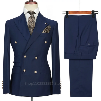 2 Pieces Fashion New Men's Business Double Breasted Solid Color Suit Coat / Male Slim Wedding Blazers Jacket Pants Trousers