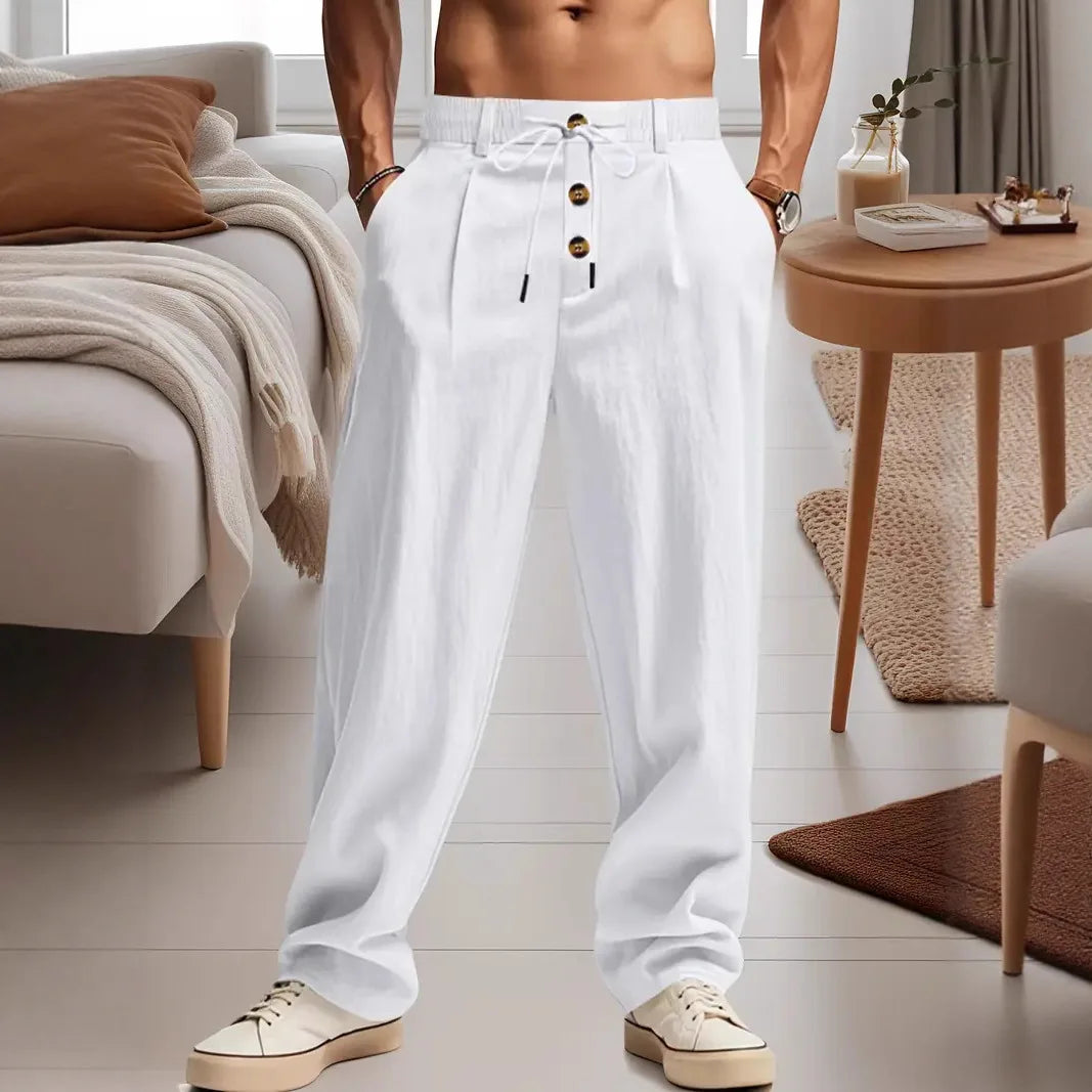 Men's Cotton Linen Long Pants Summer Solid Color Breathable Linen Trousers Male Casual Elastic Waist Casual Pants  Men ﻿