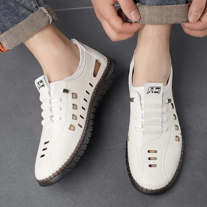 Men's Comfortable Breathable Business Hollow Loafers Slip-On Soft Bottom Sandals Easy Wear Hole Hole Shoes-HT2273