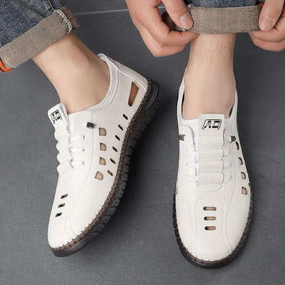 Men's Comfortable Breathable Business Hollow Loafers Slip-On Soft Bottom Sandals Easy Wear Hole Hole Shoes-HT2273