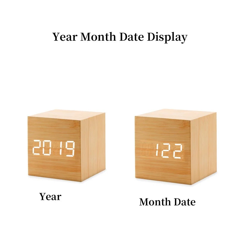 Voice Control  Wooden Digital Alarm Clock TEMP Date 3 Alarms Desktop Electronic Table Clock 12/24H USB Powered LED Bedside Clock