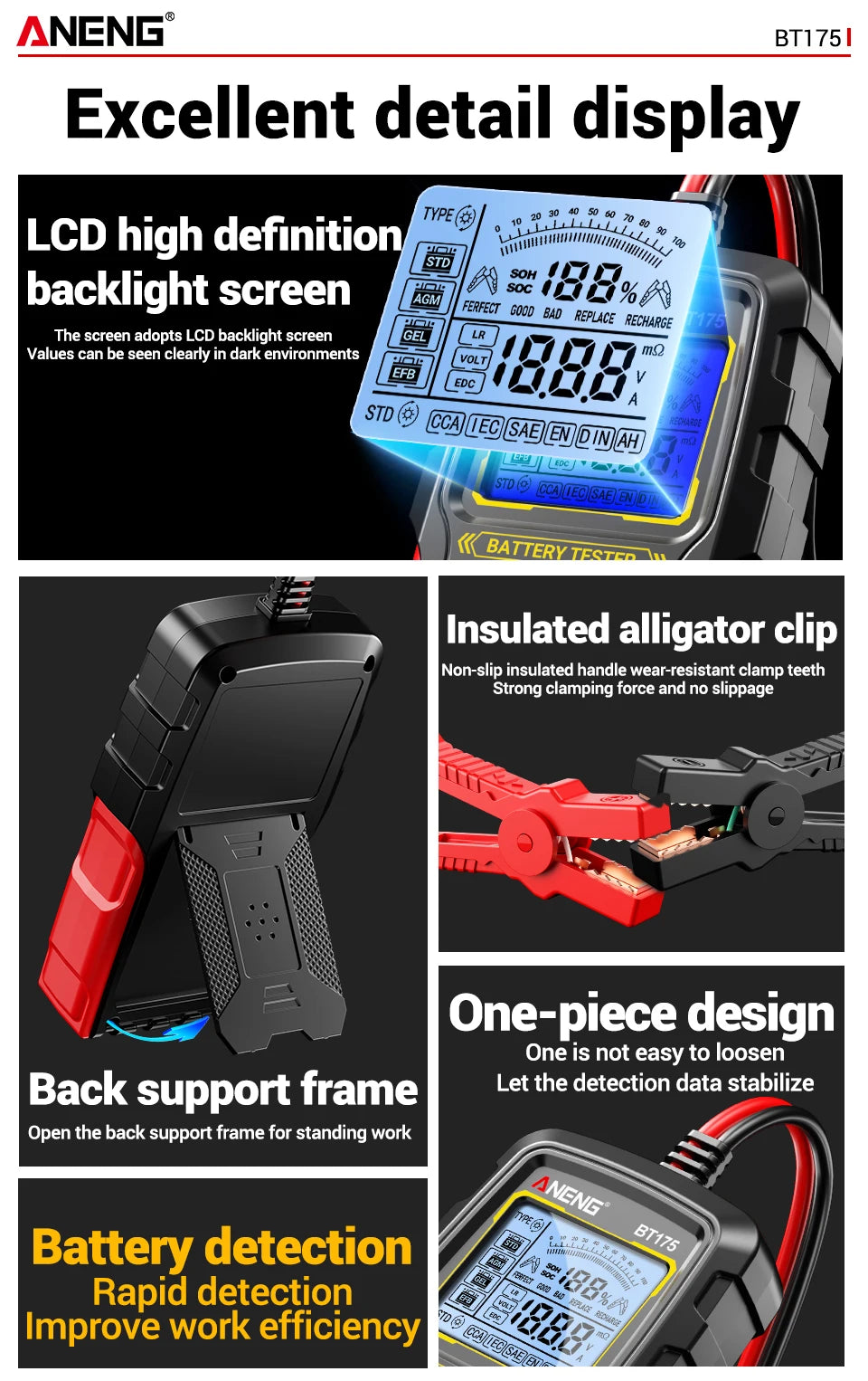 12V 24V Digital Car Battery Tester Alternator Automotive Analyzer Display Screen ANENG BT175 With Insulated Alligator Clip Tools