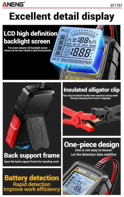 12V 24V Digital Car Battery Tester Alternator Automotive Analyzer Display Screen ANENG BT175 With Insulated Alligator Clip Tools