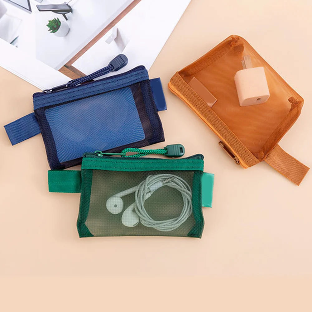 Zipper Mesh Bag Nylon Small Makeup Zipper Mesh Pouch Earphone Storage Bags Multi-purpose Square Bag Coin Bag