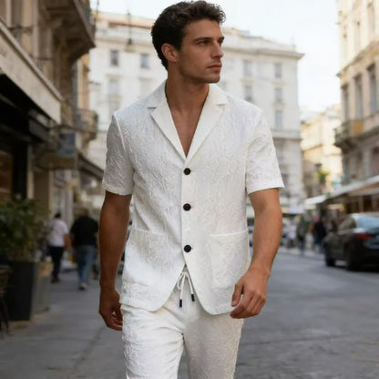 KIDWHXR Summer Man Suit Set Korean Thin Slim Short Sleeve Male 2-piece Outfit Men Single-breasted Blazer Elastic Waist Pant