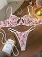French Romantic Pink Rose Print Sheer Mesh Lingerie Set Heart Cutout Underwire Bra & Thong