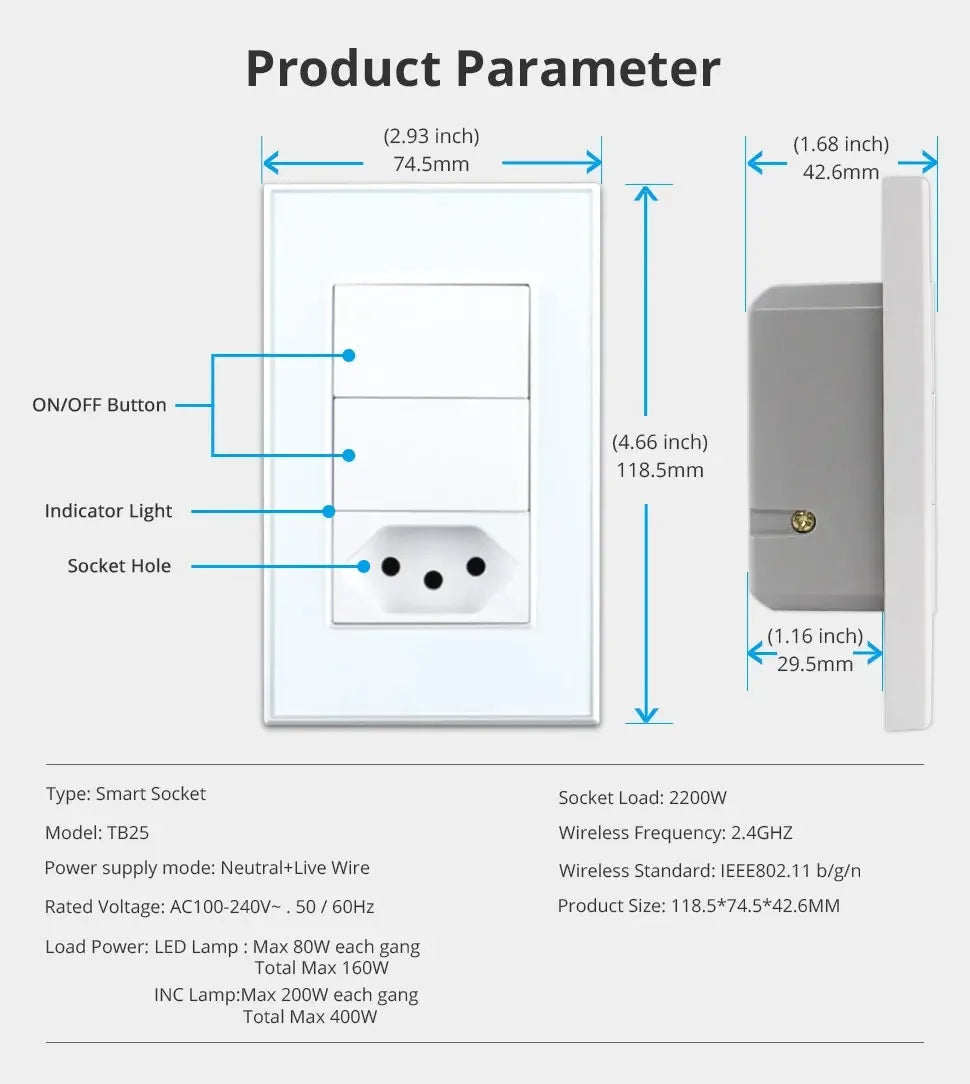 Zemismart Zigbee Smart 10A 20A Brazil Socket Light Switch with Outlets Work with Tuya Smart Life App Alexa Google Home Control