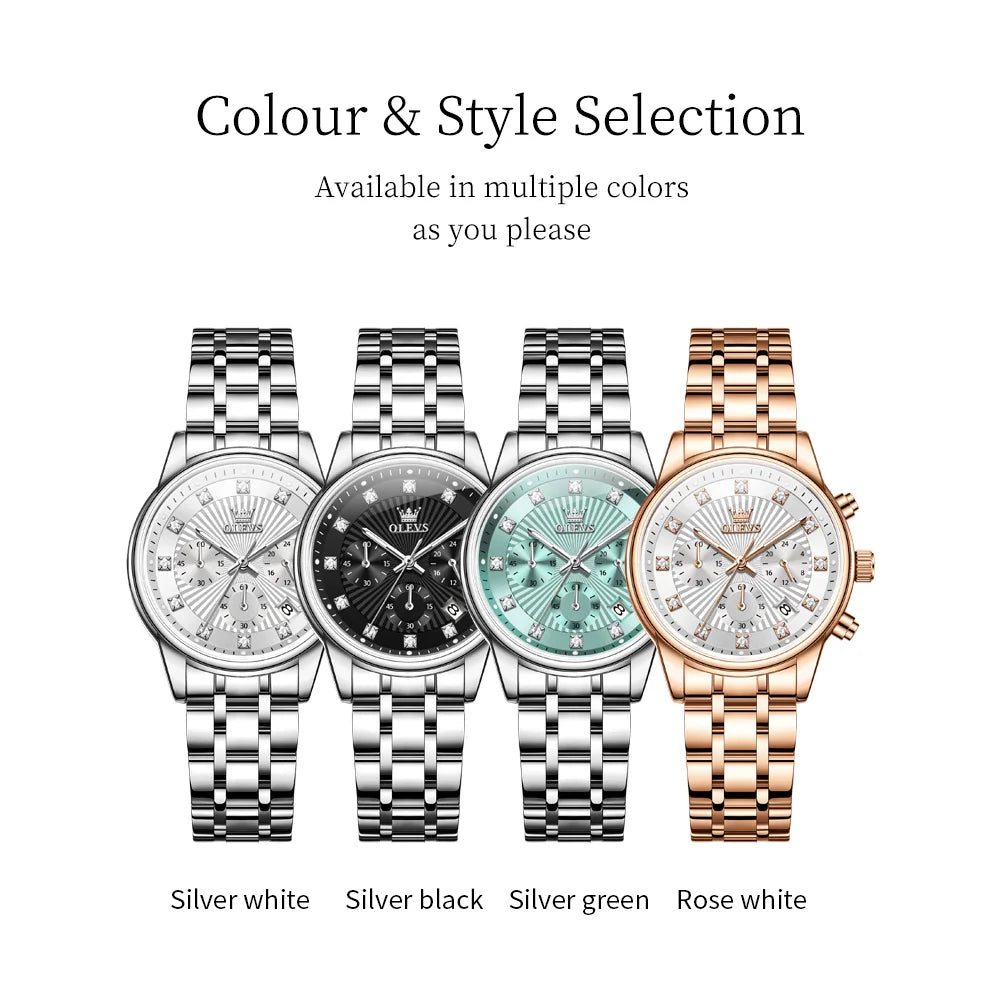 OLEVS 3669 Original Chronograph Quartz Wristwatch for Lady Calendar Waterproof Steel Strap Elegant Dress Women's Watches