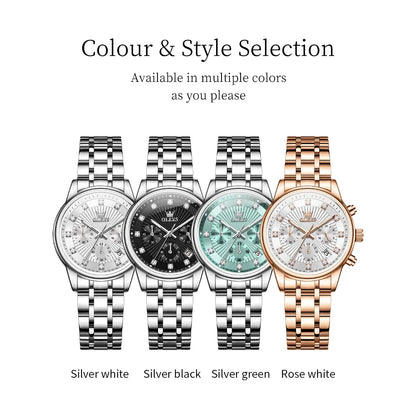 OLEVS 3669 Original Chronograph Quartz Wristwatch for Lady Calendar Waterproof Steel Strap Elegant Dress Women's Watches