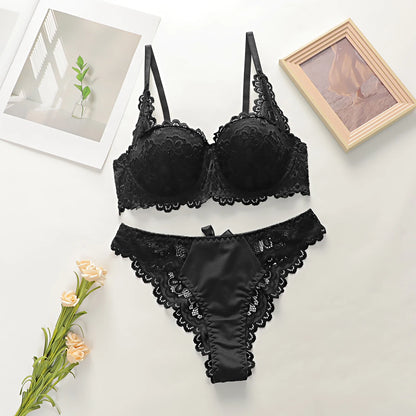 fashion Black bow lace thong set solid color daily 2-piece set sexy underwear set push up bra set B1111