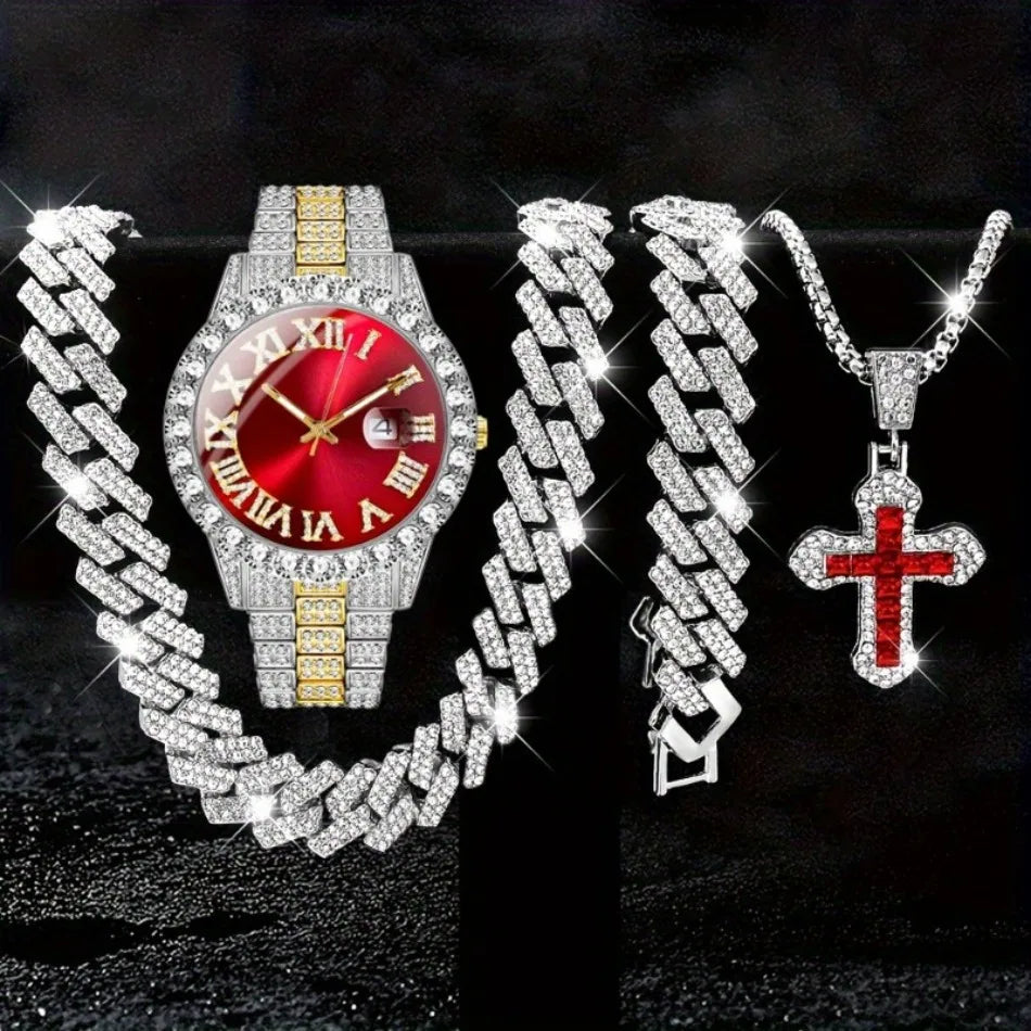 4pcs/set, Business Luxury Men's Rhinestone Watch Jewelry Set, Classic Silvery Men Quartz Calendar Wrist Watch - Gifts for Men,