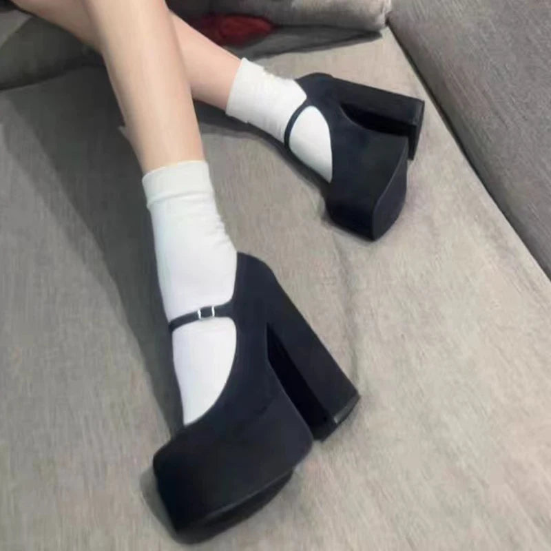 Women Heels Elegant Pumps Lady Shoes PU Leather Chunky Platform Punk Square Head Party Prom Sandals Fashion Outdoor Shoes Female