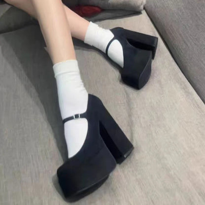 Women Heels Elegant Pumps Lady Shoes PU Leather Chunky Platform Punk Square Head Party Prom Sandals Fashion Outdoor Shoes Female