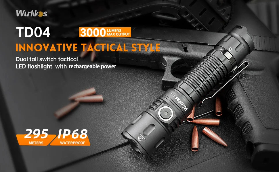 Wurkkos TD04 21700 EDC Self Defense Tactical Flashlight  Powerful 3000LM Rechargeable Torch XHP50D HI LED Lamp IP68 Dual Switch