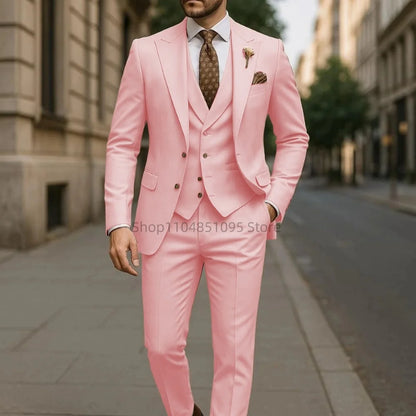 High Quality 3 Piece Yellow Men Suits Peak Lapel Slim Fit Men Clothing Elegant Wedding Jacket Vest Pants Sets for Business Party