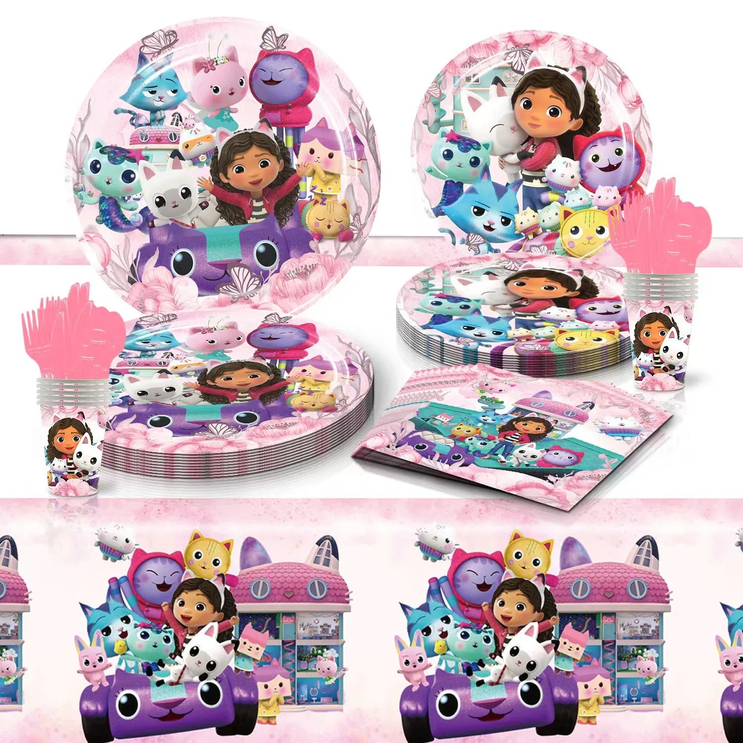 Gabby Dollhouse Birthday Party Supplies Plates Cups Tablecloth Napkins Gabby Cat Birthday Decoration Supply Kit Kids Party Favor
