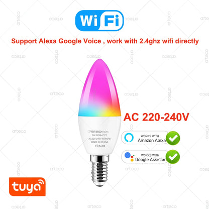 Tuya E14 Candle Lamp Smart Life App Control Smart Bulb WiFi Or Bluetooth RGB+CW LED Light 220V Dimmable Crystal Lamps Room Decor