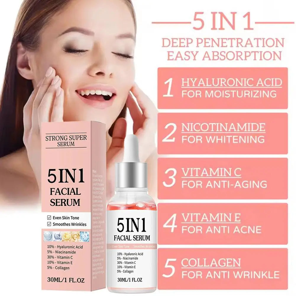 5 In 1 Face Serum Anti-Wrinkle Brightening Vitamin C Niacinamide Hyaluronic Acid Moisturizing Firming Facial Skin Care Essence