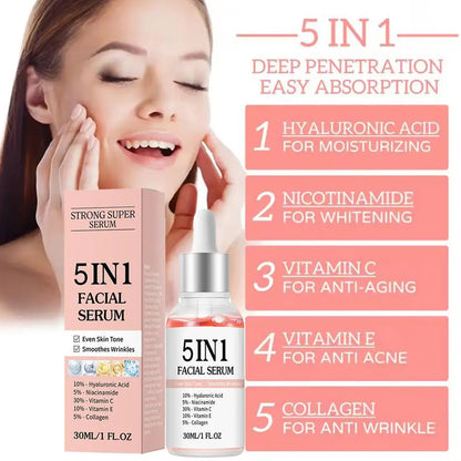 5 In 1 Face Serum Anti-Wrinkle Brightening Vitamin C Niacinamide Hyaluronic Acid Moisturizing Firming Facial Skin Care Essence