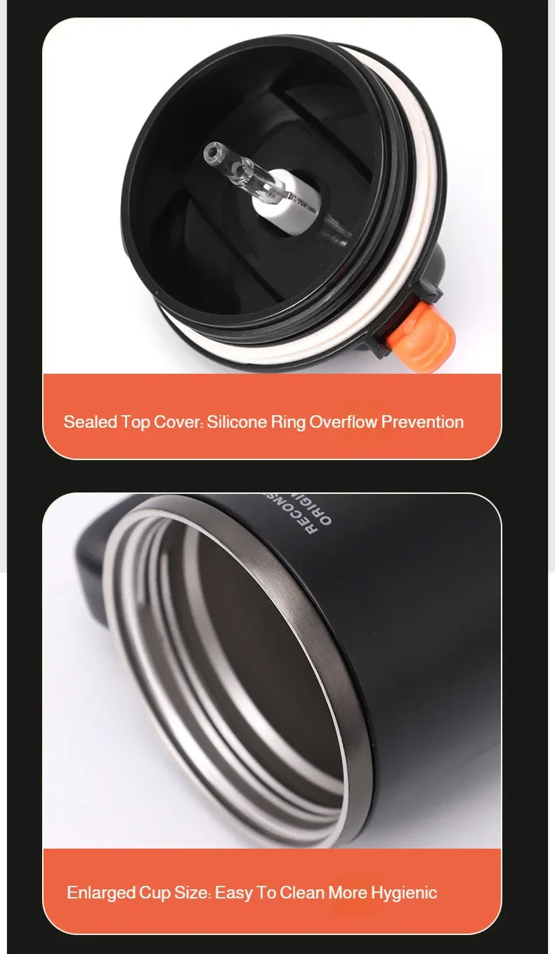 1L 304 Stainless Steel Vacuum Insulated Water Bottle One Touch Flip Lid Thermos Mug with Straw Handle for Car Travel Home Daily