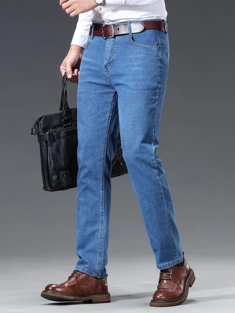 Thin Men's Straight Jeans Spring Summer Embroidered Casual Stretch Comfortable Trousers Business Fashion Male Denim Pants