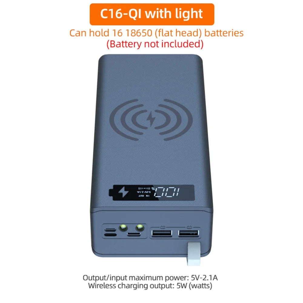 C16 Power Bank Case 16*18650 USB Welding Free Power Bank Case Detachable Portable QC 3.0 PD DIY Shell Housing For Powerbank