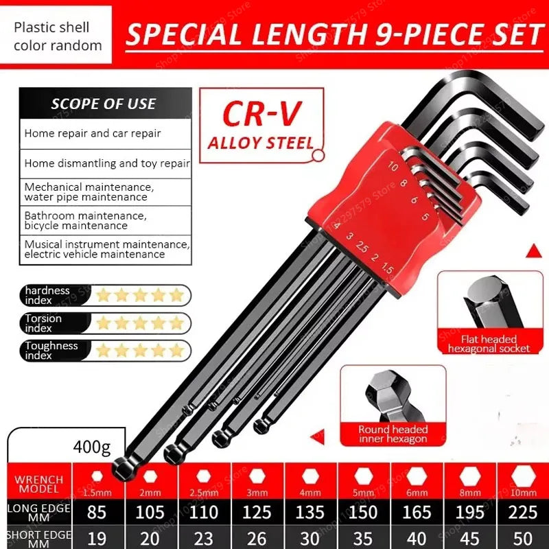 Universal Torque Length Metric Double Head Allen Wrench Set with Socket for Motorcycle Bikes Home Assembly and Disassembly Tools