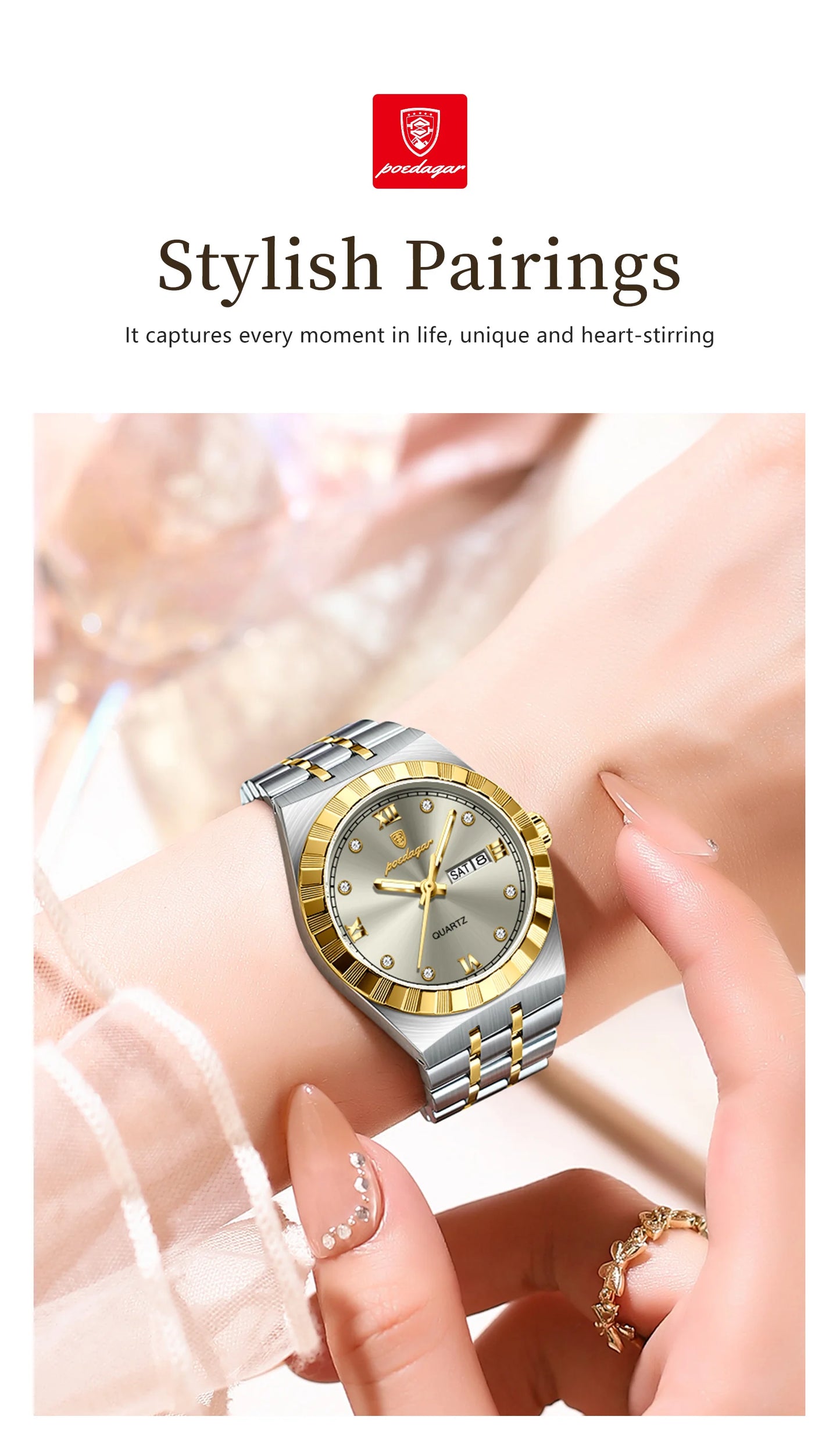POEDAGAR Elegant Casual Ladies Watch Luminous Waterproof Week Date Fashion Woman Wristwatch Stainless Steel Women Quartz Watches
