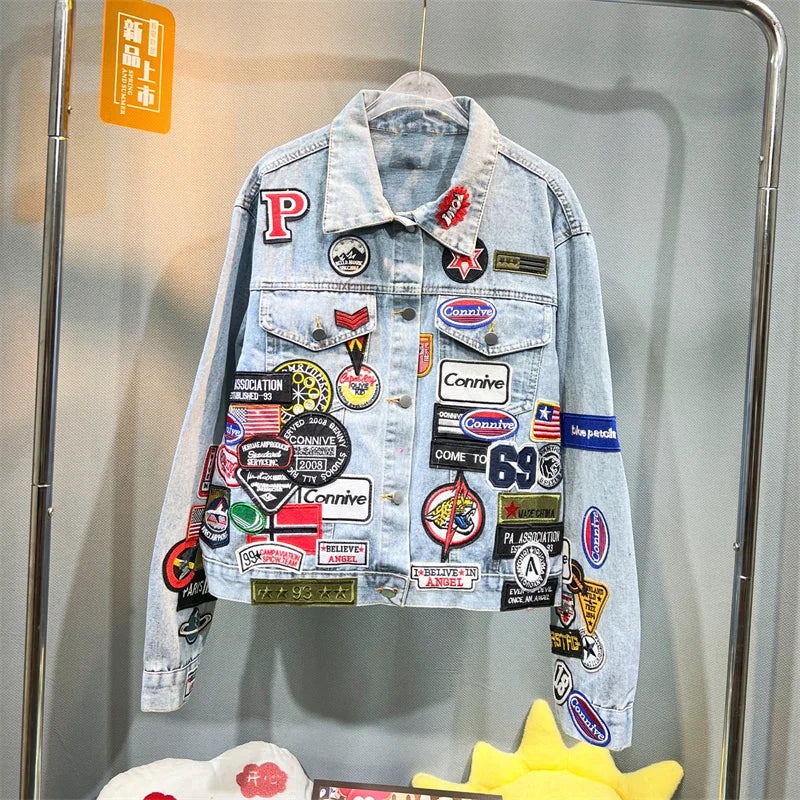 Y2K Spring and Autumn New Men's Embroidered Denim Jackets Trendy and Handsome Slim Fit Badge Jeans Coat