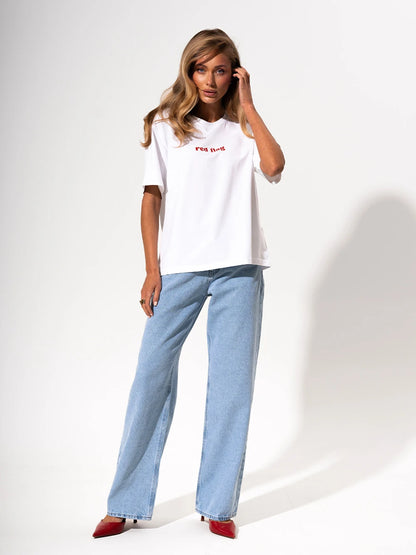 Red Flag T-Shirt Letter Print Women's T-Shirt Cotton Simple Design Summer Fashion Tee Boutique Drop Sleeve