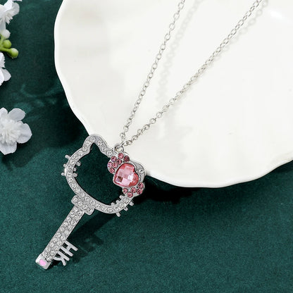 Kitty Cat Necklace Anime Pink Peach Heart Crystal Cat Key Pendant Jewelry Gift for Fans
