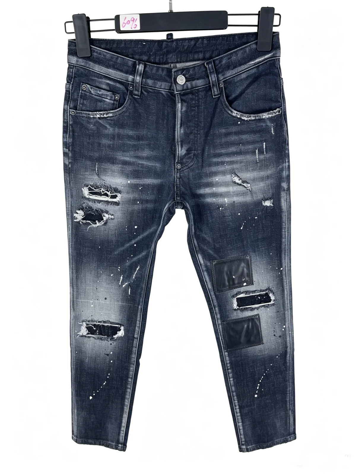 6060 Four Seasons New Men's Washed Ripped Patch Old Slim-fit Straight Black Jeans for Men