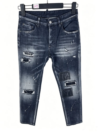 6060 Four Seasons New Men's Washed Ripped Patch Old Slim-fit Straight Black Jeans for Men