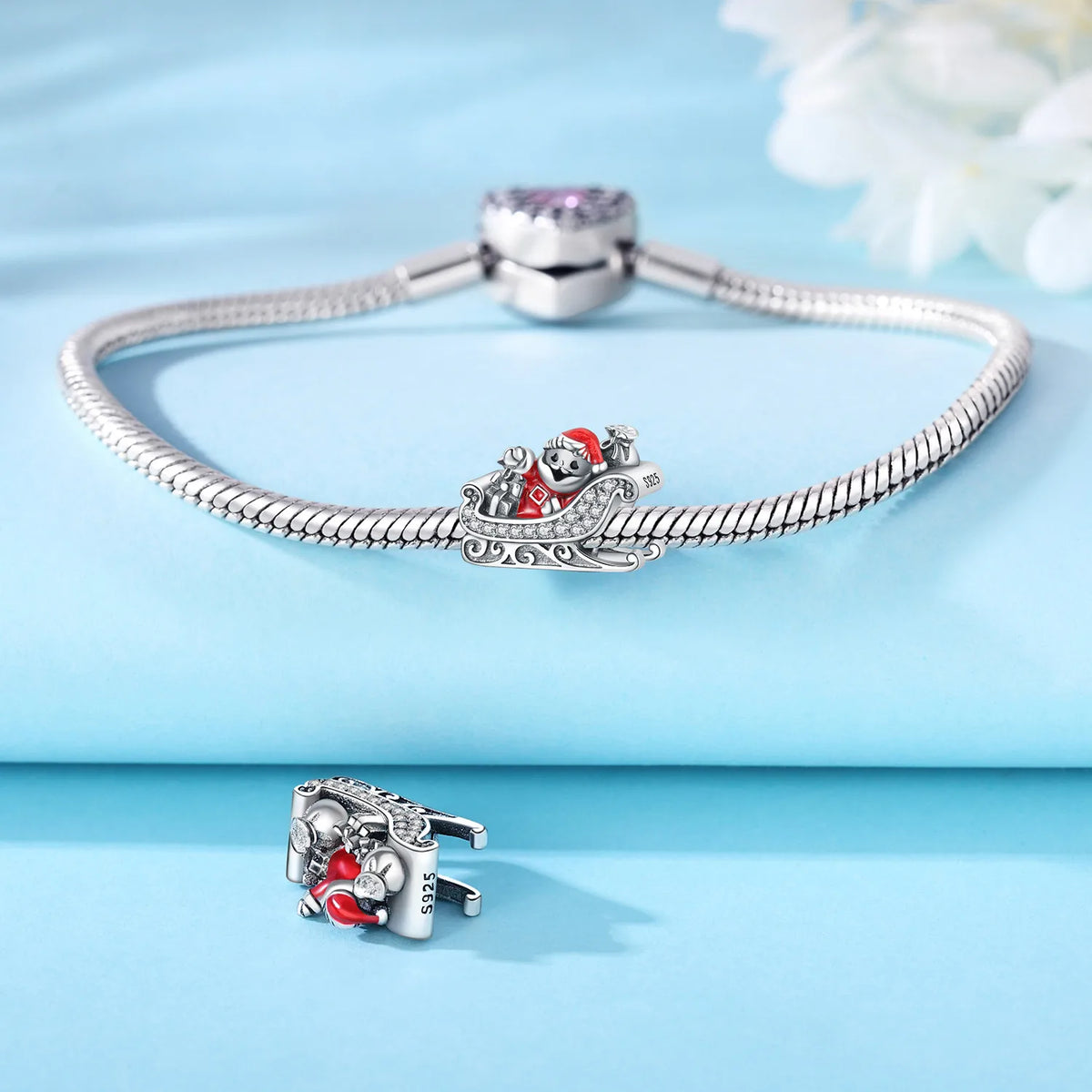 925 Sterling Silver Christmas Sleigh Santa Claus Pendant Holiday Party Charm Fit Original Charm Bracelets Women DIY Jewelry Gift