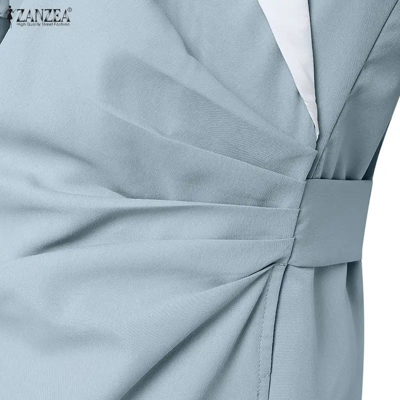 ZANZEA Elegant vColor-Blocked Bodycon A-Line Midi Dress Lapel Collar Short Puff Sleeves Ruched Waist Office Work Vestidos