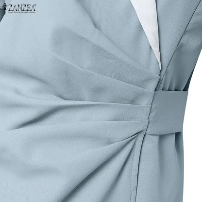 ZANZEA Elegant vColor-Blocked Bodycon A-Line Midi Dress Lapel Collar Short Puff Sleeves Ruched Waist Office Work Vestidos