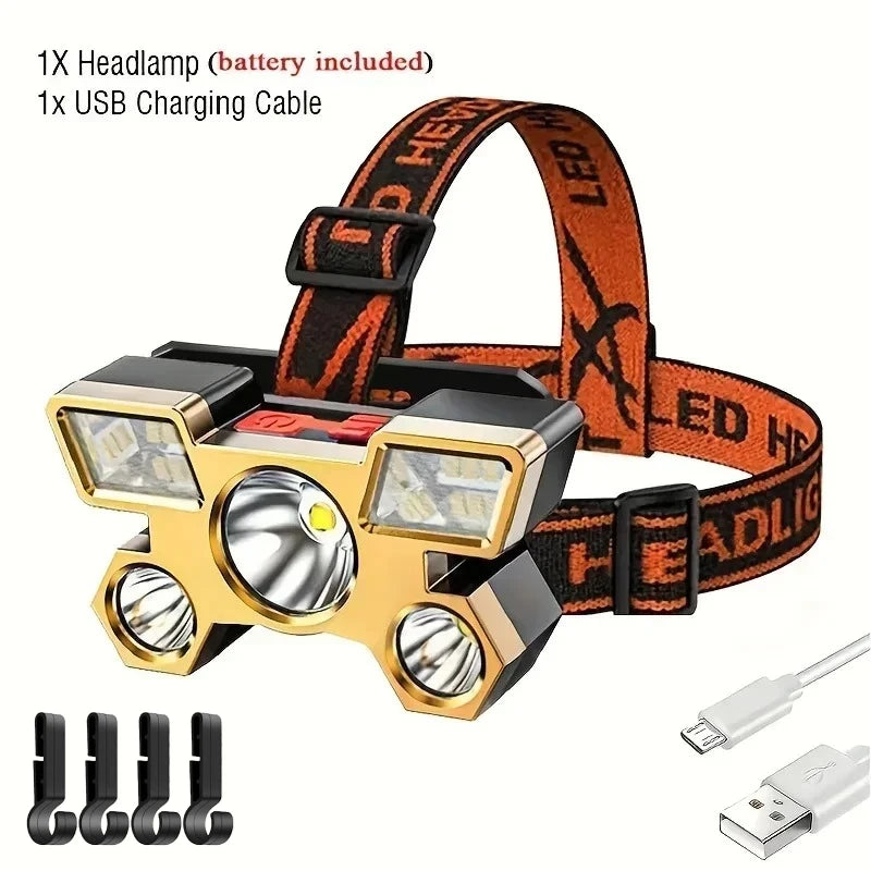5*LED High Power Headlamp, Super Bright Rechargeable Fishing Camping Light, Long Distance Head Mounted Mining Lamp, Flashlight